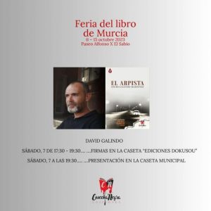 El escritor David Galindo, profesor del CEA Mar Menor, presenta su novela El Arpista en la Feria del Libro de Murcia
